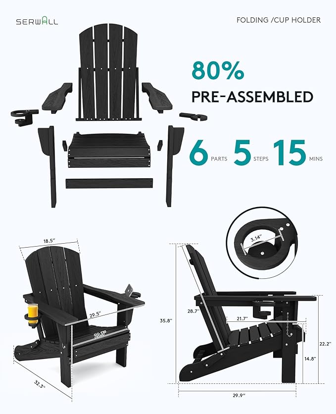 SERWALL Folding Adirondack Chair Set of 2 (Black)